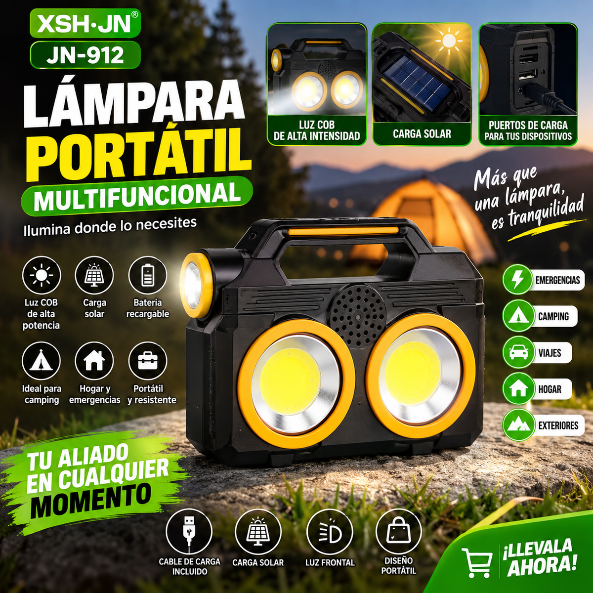 Lámpara Portátil Multifuncional JN-912 con Luz COB y Carga Solar