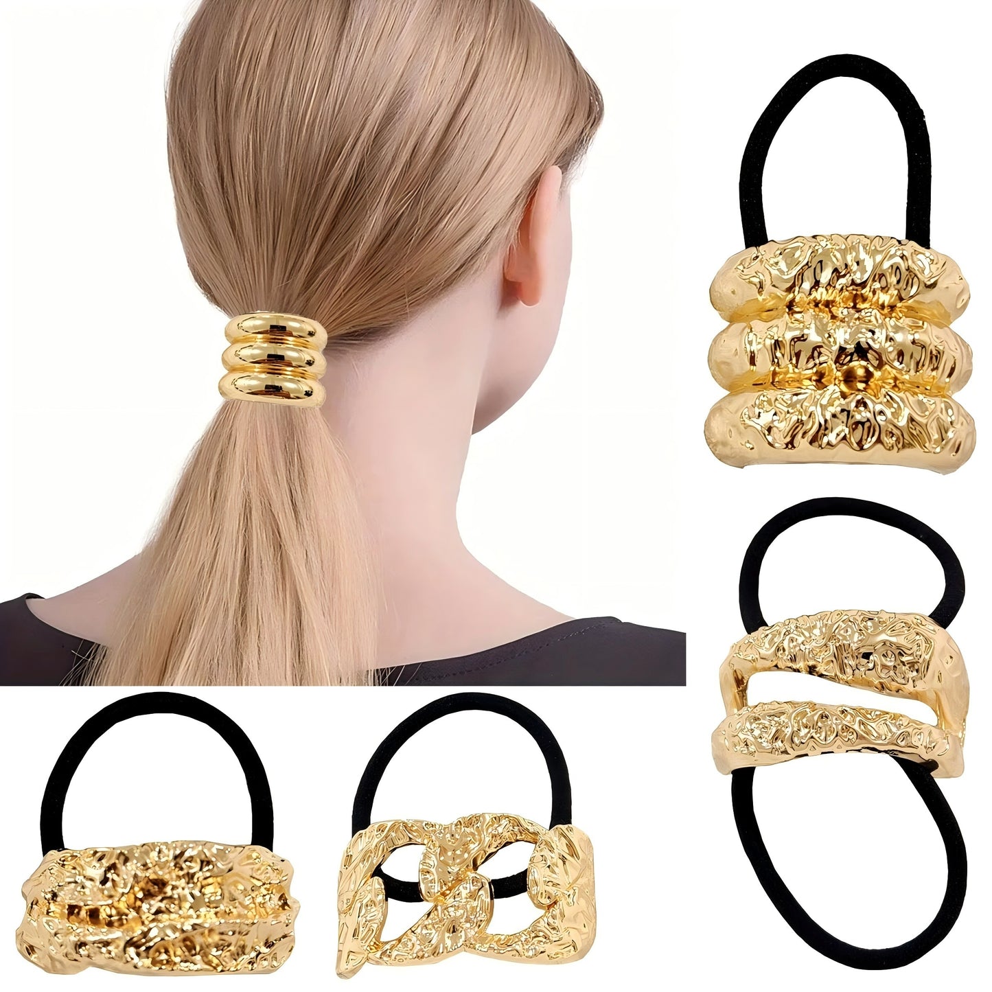 Cola de Caballo Metálica Dorada con Triple Diseño Texturizado – Accesorio Elegante para el Cabello