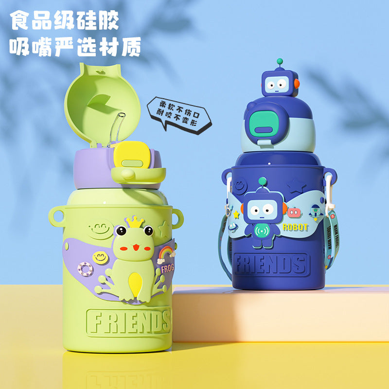 Termo Infantil con Diseño de Rana – Botella Térmica con Tapa Decorativa y Correa Ajustable