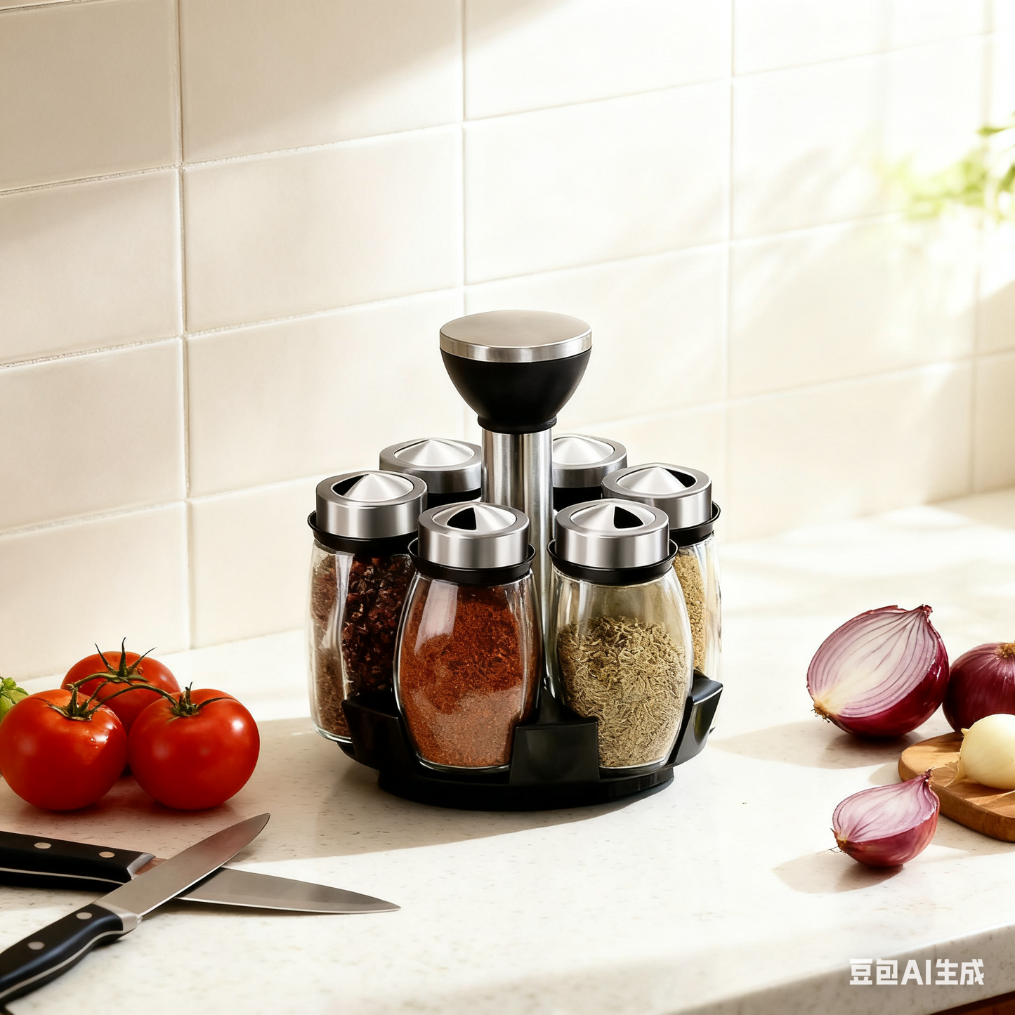 Especiero Giratorio de Acero Inoxidable – Set con Frascos para Condimentos