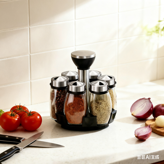 Especiero Giratorio de Acero Inoxidable – Set con Frascos para Condimentos