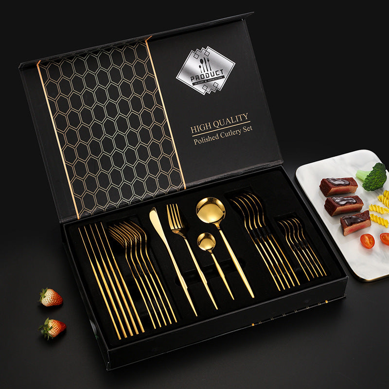 Juego de Cubiertos Dorado de Acero Inoxidable – Diseño Elegante y Moderno para Mesa de Lujo