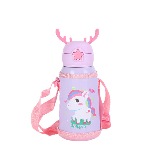 Termo Infantil con Diseño de Reno y Correa – Botella Térmica con Funda Protectora y Tapa Decorativa