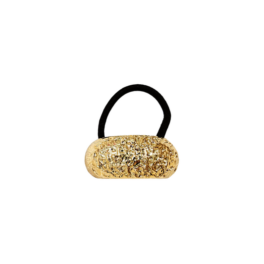 Cola de Caballo Metálica Dorada con Relieve Floral – Accesorio Elegante y Sofisticado