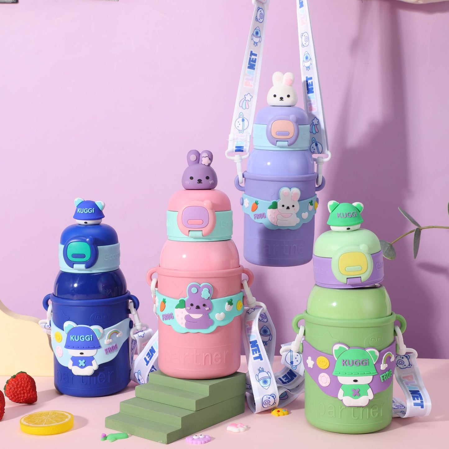 Termo Infantil con Diseño de Conejito – Botella Térmica con Correa y Tapa Decorativa
