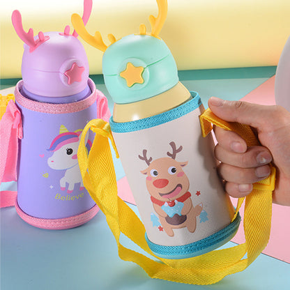 Termo Infantil con Diseño de Reno y Correa – Botella Térmica con Funda Protectora y Tapa Decorativa