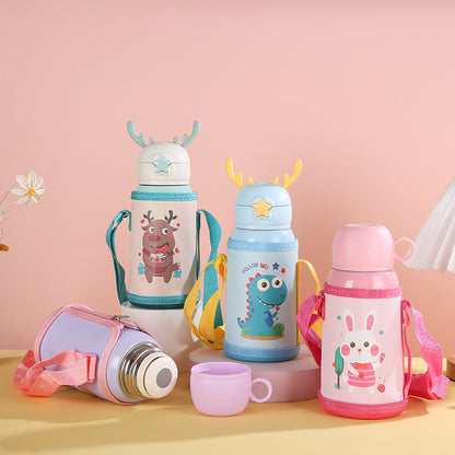 Termo Infantil con Diseño de Reno y Correa – Botella Térmica con Funda Protectora y Tapa Decorativa