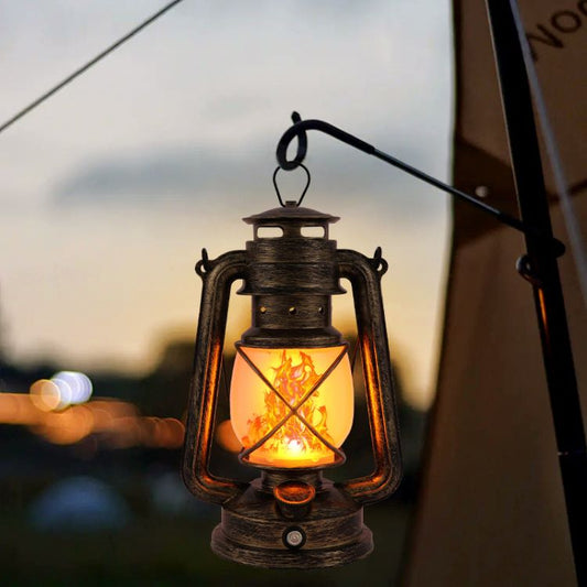 Linterna Vintage de Metal con Llama Parpadeante – Luz Decorativa y de Camping con Dos Modos