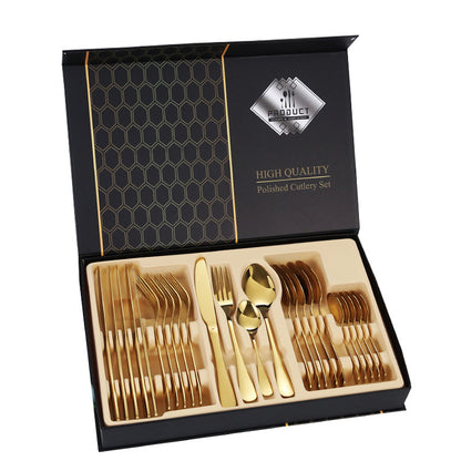 Juego Completo de Cubiertos Dorados – Set de Acero Inoxidable de Lujo para Mesa Moderna