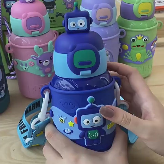 Termo Infantil con Diseño de Rana – Botella Térmica con Tapa Decorativa y Correa Ajustable