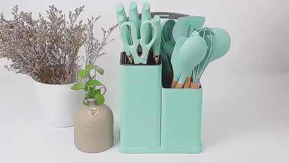 Set de 19 Utensilios de Cocina Antiadherentes – Con Mango de Madera y Accesorios Completos